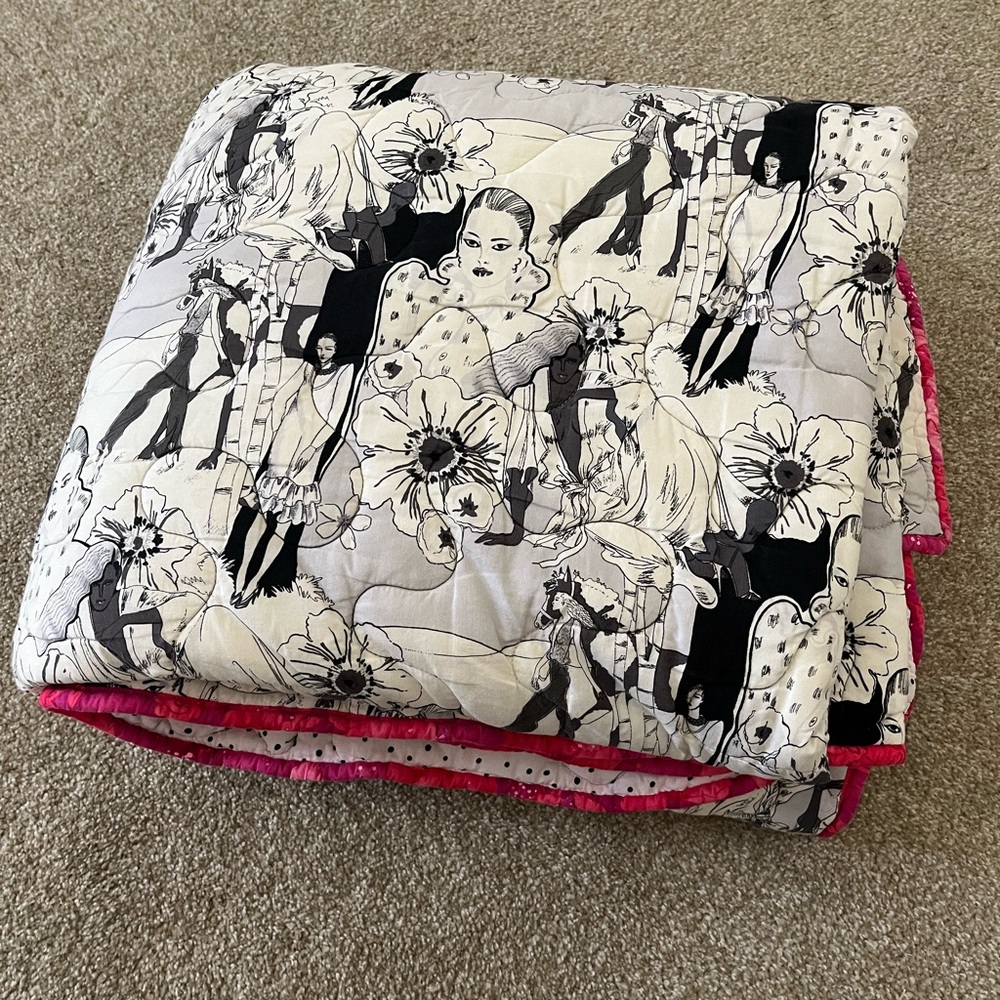 Handmade / Machine-Stitched Black and White Quilt with Models & Hot Pink Border